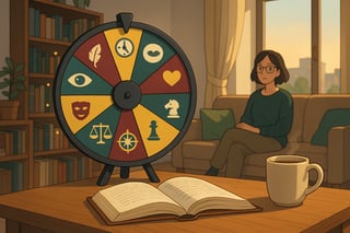 Lesende Person im Wohnzimmer mit Bücherregal; daneben ein farbiges Bücher-Glücksrad als dezente Auswahlhilfe für zugängliche Klassiker.