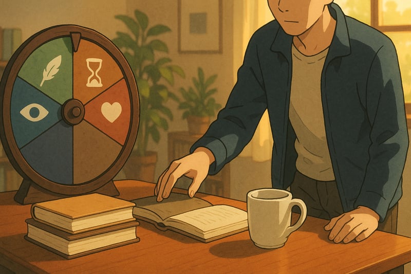 Lectora adulta elige libro clasico junto a una ruleta colorida; mesa, cafe y luz de tarde sugieren decision serena y juego cultural.
