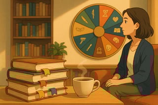 Salotto italiano con pila di classici e una ruota colorata a 12 segmenti sullo sfondo, invito visivo a scoprire il prossimo libro da leggere.