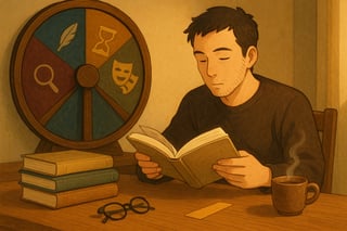 Un adulte feuillette des classiques sur une table en bois; une roue colorée de sélection occupe 30 pour cent de l’arrière-plan.