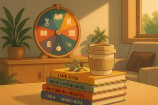 Australian living room with a stack of classic books and a colourful spinner wheel in the background, inviting users to choose their next read.