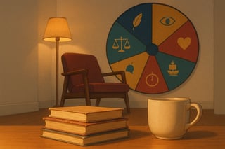 Cozy reading nook with stacked classic paperbacks, a mug, and a colorful spinner wheel in the background suggesting a book.