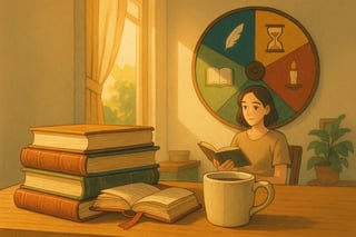 Sala com pilha de clássicos e roda colorida ao fundo; ícones literários na roda sugerem escolhas de leitura acessíveis para 2025.