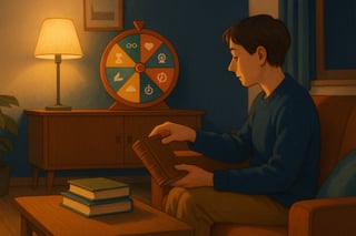Gezellige woonkamer met boekenstapels en een kleurrijk besliswiel op een dressoir; een lezer pakt een klassieker terwijl het wiel een keuze suggereert.