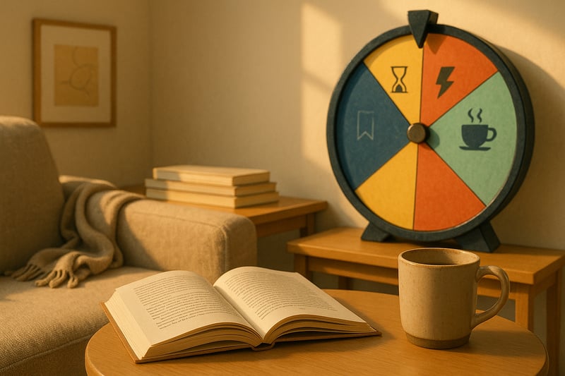 Cozy living room with a slim open book and a colorful spinner wheel in the background, suggesting quick, confidence-boosting reads.