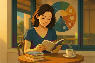 Leitor numa esplanada com pilha de livros curtos e roda giratória ao fundo, sugerindo escolhas rápidas para reativar o hábito de leitura.