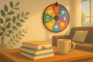 A cosy Australian lounge with slim books on a timber table and a colourful spinner wheel in the background inviting a quick reading pick.