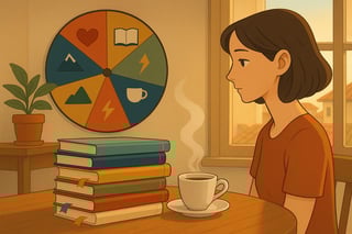 Lettrice in un salotto italiano, pila di libri sottili e ruota colorata sullo sfondo che suggerisce scelte rapide di lettura.