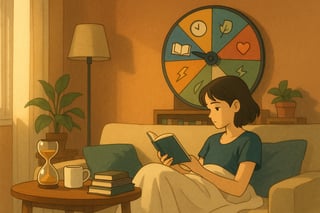 Lectora en salón acogedor con pila de libros breves y una ruleta de lectura colorida al fondo que ocupa parte de la escena.