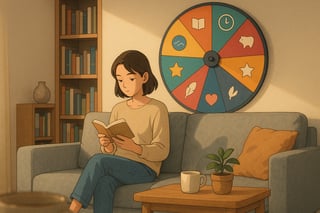 Lesende Person in hellem Wohnzimmer mit subtil integriertem Glücksrad im Hintergrund, das kurze Bücher symbolisiert und zum schnellen Lesen motiviert.