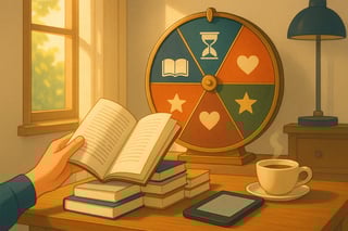 Un lecteur feuillette de courts livres sur une table; derriere, une roue coloree suggere un choix aleatoire pour relancer l’habitude de lecture