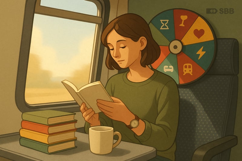 Lesende Person im SBB-Zugabteil; farbiges Spinner-Rad im Hintergrund; kurze Buecher auf dem Tisch; Szene weckt schnelle Leseinspiration.
