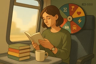 Lesende Person im SBB-Zugabteil; farbiges Spinner-Rad im Hintergrund; kurze Buecher auf dem Tisch; Szene weckt schnelle Leseinspiration.