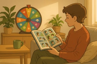 An Australian living room scene with a relaxed reader holding a graphic novel while a colourful spinner wheel sits in the background on a sideboard.