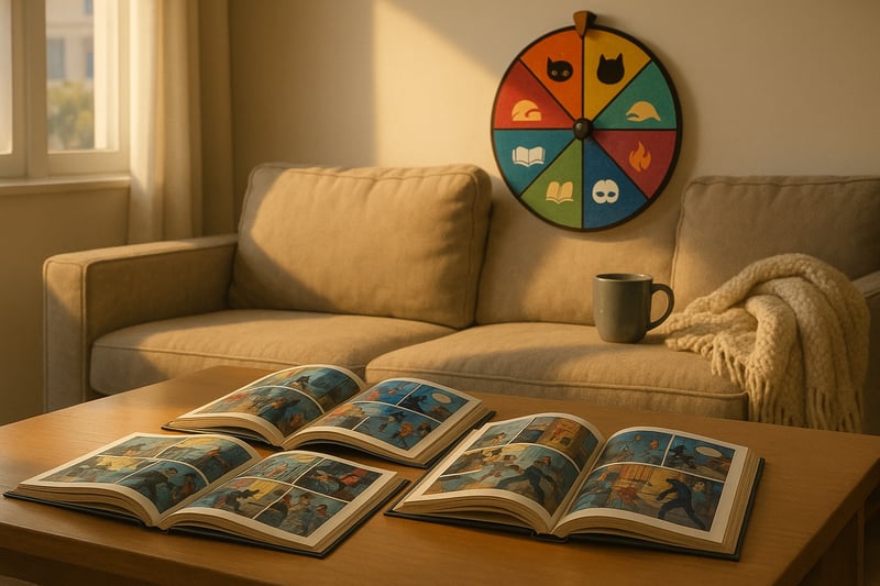 A cozy living room scene with a colorful spinner wheel and open graphic novels, inviting viewers to spin for a beginner-friendly reading pick.
