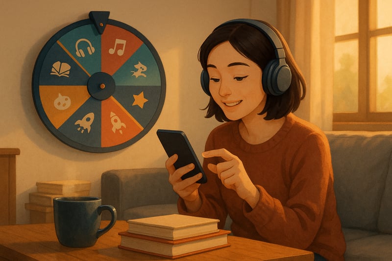 Person with headphones taps a phone while a colorful spinner wheel sits on the wall, suggesting a quick pick of popular beginner audiobooks.