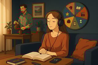 Une personne écoute un livre audio au casque près d’une roue colorée en arrière-plan, symbolisant un choix ludique de titres populaires et classiques.