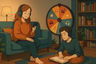 Zwei junge Erwachsene hoeren entspannt Hoerbuecher im urbanen Wohnzimmer; im Hintergrund steht ein farbiges Gluecksrad mit buchbezogenen Symbolen.