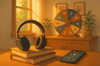 Interno caldo con cuffie, libri e smartphone in riproduzione; una ruota colorata sullo sfondo suggerisce la scelta casuale dell’audiolibro.