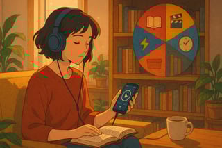 Joven en salon moderno en España escucha audiolibros con auriculares; una ruleta colorida ocupa parte del fondo como herramienta de descubrimiento.