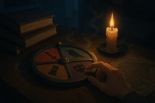 A reader spins a weathered metal wheel beside dark fantasy books in candlelight, signaling grim picks without romance.