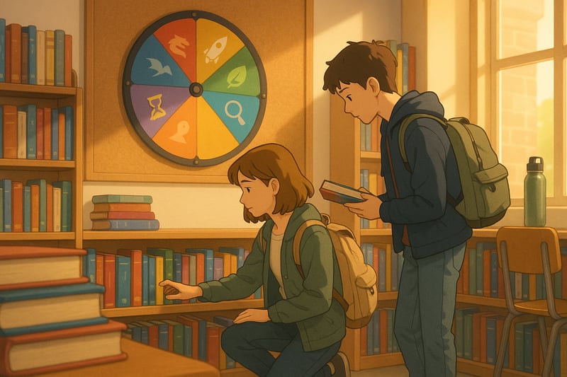 Two teens browse YA books in a cozy library corner as a colorful spinner wheel with genre icons glows on the wall in the background.