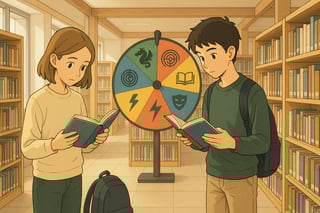 Zwei Teenager in einer hellen Schweizer Bibliothek mit einem farbigen Spinner-Rad im Hintergrund waehlen jugendfreundliche YA-Buecher aus.