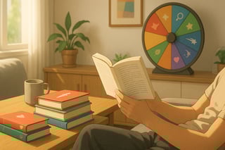 Reader on a sofa with a colorful spinner wheel nearby and mixed-genre books on a table, hinting at a playful way to choose a fast, engaging read.