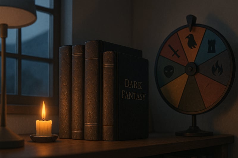 Dunkles Lese-Setup mit Fantasy-Buechern und einem metallischen Spinner Wheel im Hintergrund, das eine zufaellige Buchwahl ermoeglicht.