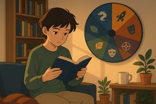 Un ado lit pres d’une bibliotheque avec une roue multicolore en arriere-plan, symbolisant un tirage au sort de romans young adult sans romance explicite.