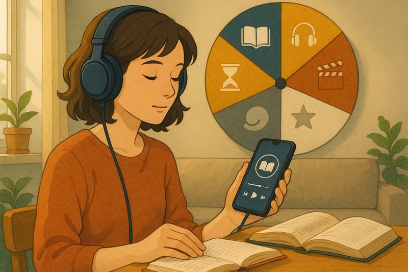 Pessoa a ouvir audiolivro numa sala luminosa, com roleta colorida ao fundo e livros físicos na mesa, sugerindo 12 escolhas para começar.