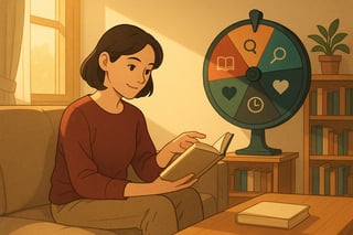 Junge Person im hellen Schweizer Wohnzimmer greift zu einem Buch; hinten dreht ein farbiges Spinner-Rad mit Buchsymbolen.