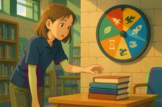 Australian teen in a cosy library corner reaches for YA books as a colourful spinner wheel with genre icons glows in the background.