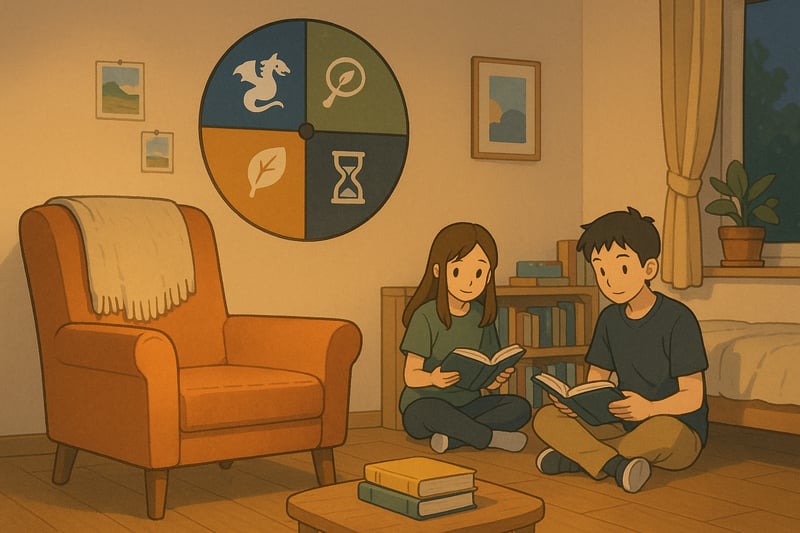 Jugendzimmer mit Lesesessel, Bücherstapeln und einem farbigen Drehrad im Hintergrund, das Buchgenres symbolisiert und die Auswahl unterstützt.