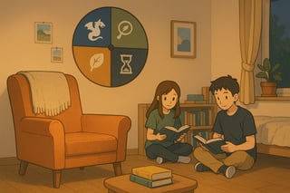 Jugendzimmer mit Lesesessel, Bücherstapeln und einem farbigen Drehrad im Hintergrund, das Buchgenres symbolisiert und die Auswahl unterstützt.