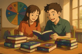 Due adolescenti italiani scelgono un libro YA vicino a una ruota colorata con icone, in biblioteca luminosa, atmosfera calda e accogliente.