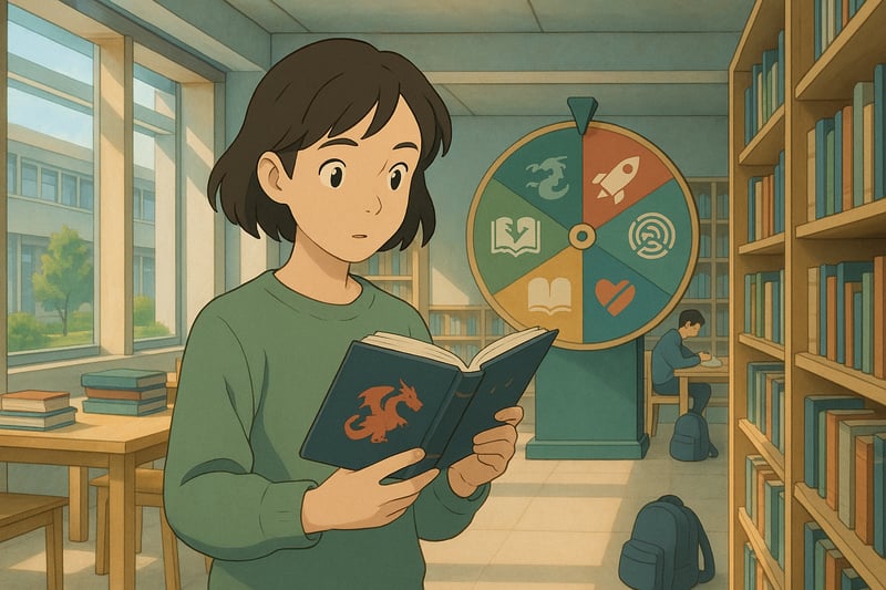 Jovem escolhe um livro juvenil numa biblioteca luminosa, com uma roleta colorida ao fundo a sugerir géneros diferentes, ambiente acolhedor