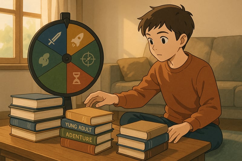 Tieners kiezen een young adult-boek zonder expliciete romance via een kleurrijk spinnerwiel in een Nederlandse leeshoek met diverse genres.