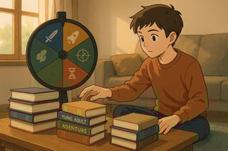 Tieners kiezen een young adult-boek zonder expliciete romance via een kleurrijk spinnerwiel in een Nederlandse leeshoek met diverse genres.