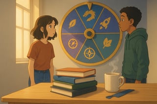 Adolescentes eligen lecturas con una ruleta de colores junto a una mesa con libros juveniles variados en un salón luminoso en España.