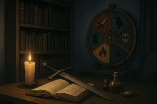Düstere Leseecke mit Fantasy-Büchern, Kerzenschein und einem dekorativen Glücksrad im Hintergrund, das verschiedene düstere Genres symbolisiert.