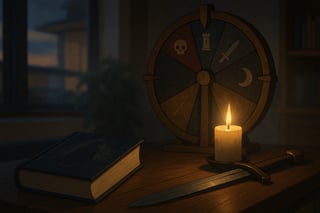 Australian reading nook at dusk with candlelight, antique sword, and a coloured spinner wheel in the background suggesting a romance-free dark fantasy pick