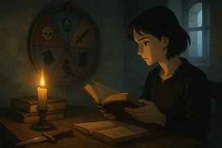 Livros de fantasia sombria sobre mesa com vela e punhal; ao fundo, roleta colorida ocupa parte da cena sugerindo escolha aleatória.