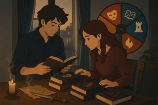 Lecteurs feuilletant des romans de dark fantasy dans un salon parisien; une roue colorée de sélection occupe 30% de la scène sur la table.