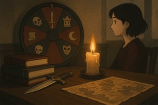 Escena de lectura oscura con pila de libros, vela y ruleta de seleccion al fondo que sugiere una eleccion aleatoria de fantasia sin romance.