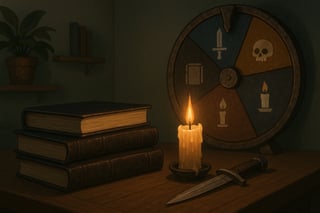 Donkere boekenstapel met kaarslicht en metalen dolk; op de achtergrond een halfronde spinner met kleursegmenten die keuze suggereert.