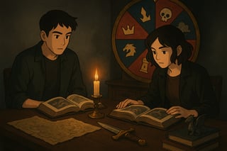 Tavolo serale con libri dark fantasy aperti, luce calda, ruota della fortuna con simboli epici sullo sfondo e lettori italiani intenti a scegliere