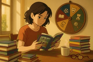 Lectora en salón luminoso gira una ruleta colorida mientras hojea novelas gráficas españolas e internacionales junto a pilas de libros y guiños al cine.