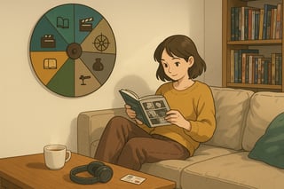 CH Leseecke mit Person, die eine Graphic Novel auswaehlt; im Hintergrund steht ein farbiges Spinner-Rad mit Buch- und Film-Icons als zufaellige Auswahlhilfe.
