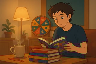 Lettore davanti a una pila di graphic novel sceglie il prossimo titolo mentre una ruota colorata sullo sfondo suggerisce l’opzione.